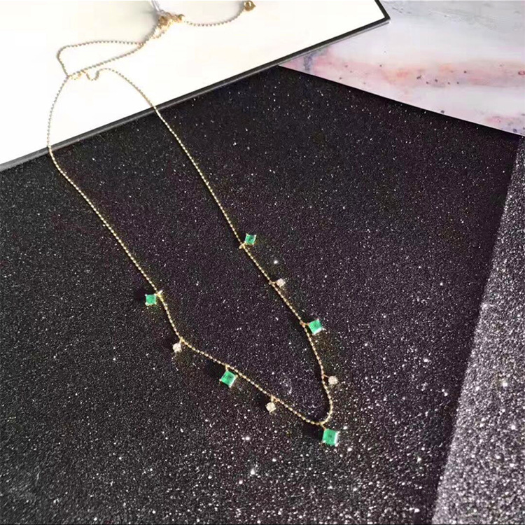 纯银s925电镀18k多戒面 祖母绿镶钻石满天星 珠珠链 项链 多钻链