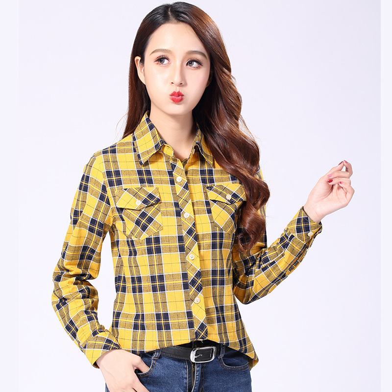 100% Cotton 2026 Spring and Autumn Women's Fitted Plaid Shirt, Long-Sleeve Plus-Size Shirt with Patchwork Design, Casual and Versatile