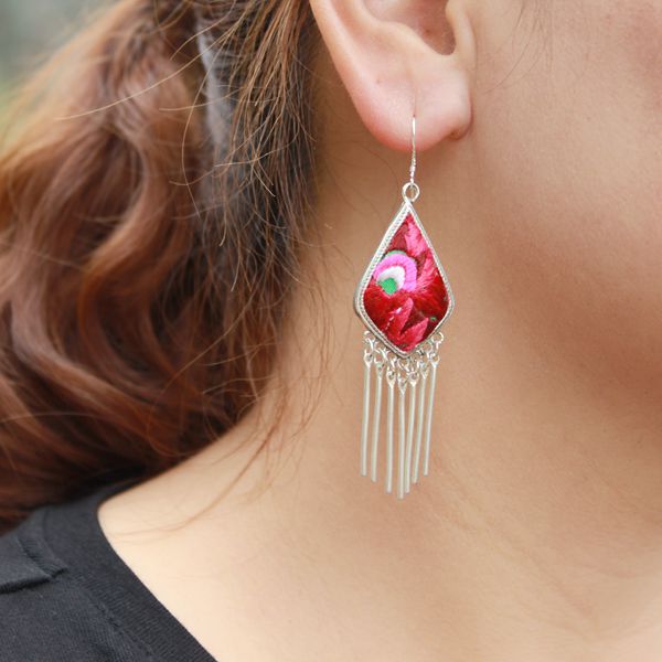 民族风贵州苗银老绣耳环耳饰菱形款（ 小号）