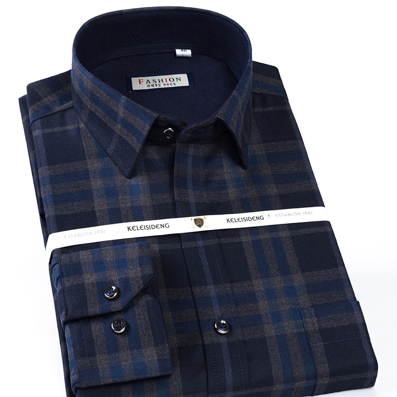 克雷司登秋款纯羊毛男士长袖衬衫高档商务绅士格子中年男装衬衣