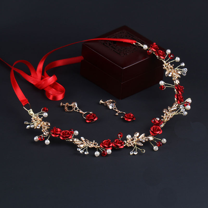 Vestido rojo nupcial tocado Rosa aleación banda de pelo pendientes de joyería de la boda accesorios para el cabello de dos piezas accesorios hechos a mano