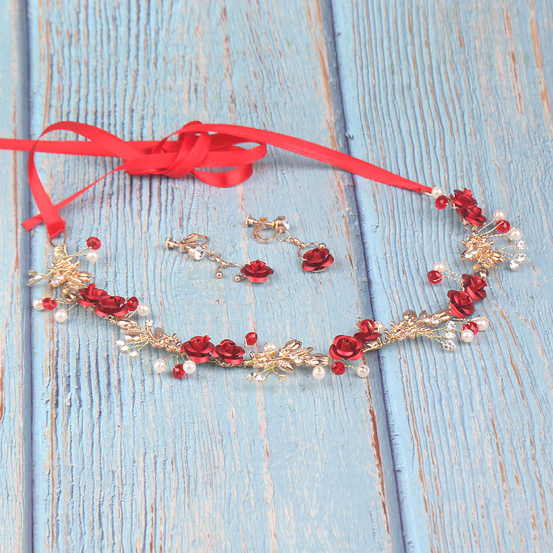 Vestido rojo nupcial tocado Rosa aleación banda de pelo pendientes de joyería de la boda accesorios para el cabello de dos piezas accesorios hechos a mano
