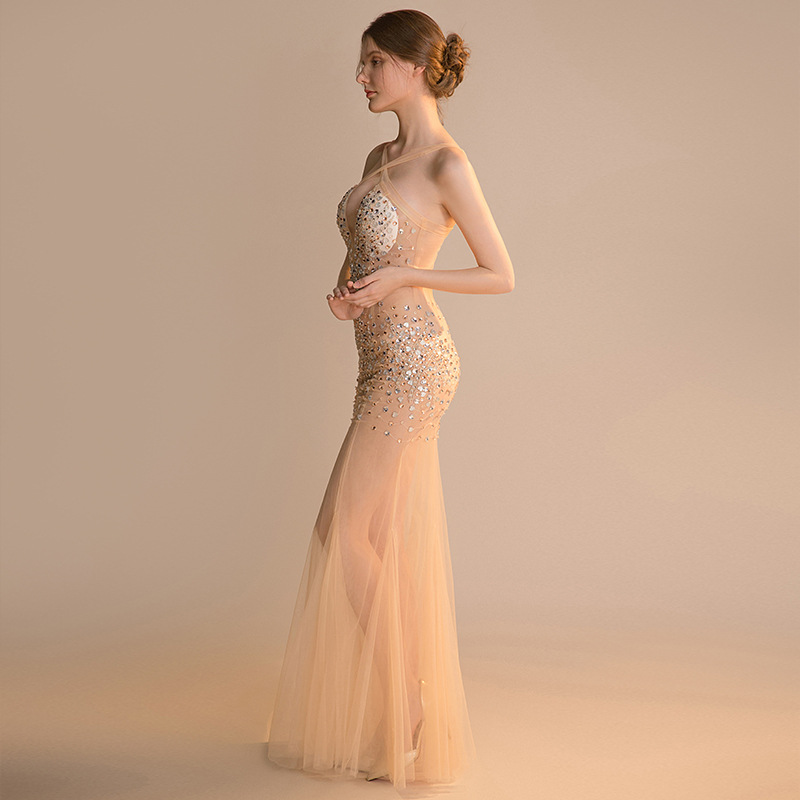 Vestido de noche sexy de malla transparente - Vestido largo ajustado transparente hecho a mano para mujer para pasarela de exhibición de autos_voghion.com