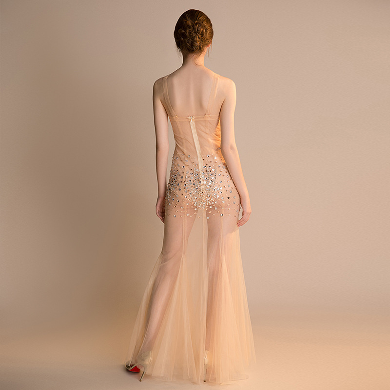 Vestido de noche sexy de malla transparente - Vestido largo ajustado transparente hecho a mano para mujer para pasarela de exhibición de autos_voghion.com