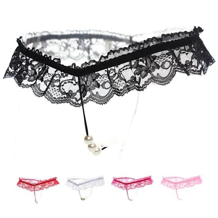 Sexy Lace Women's Thong with Pearl Open-Crotch Panties, Erotic Lingerie for Couples, Intimate Intimate Wear 	 Clothing