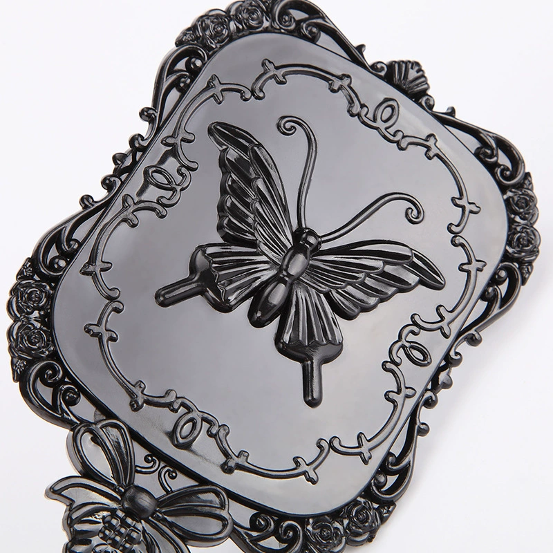 Handheld Mirror Retro Square 3D with Butterfly Accent, Black, Large