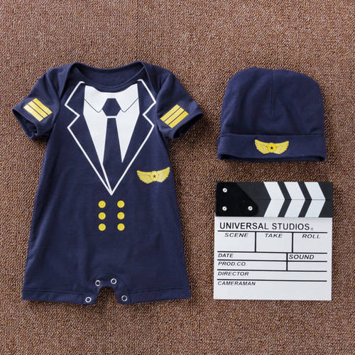 Baby's summer short-sleeve loose crawling onesie with hat, for boys, faux two-piece pilot uniform, wholesale