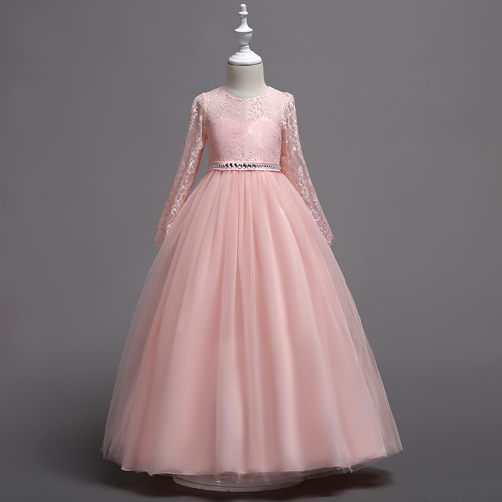 Long-sleeve, wedding dress, small princess costume, long skirt, piano performance costume, European style, for teenagers, lace dress 3