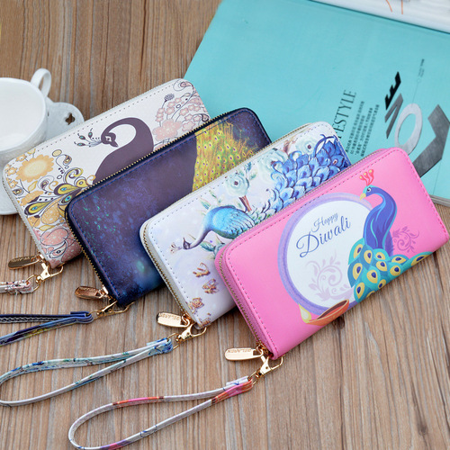 New portable wallet for women long zipper wallet for female students Korean version printed peacock fashion coin mobile phone bag