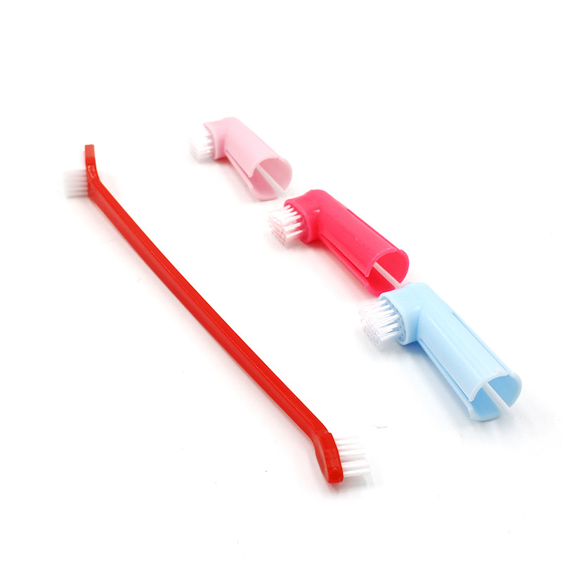 Pet limpieza dientes de doble cabeza dedo manga cepillo de dientes traje perro gato cepillado cuidado herramienta suministros en stock