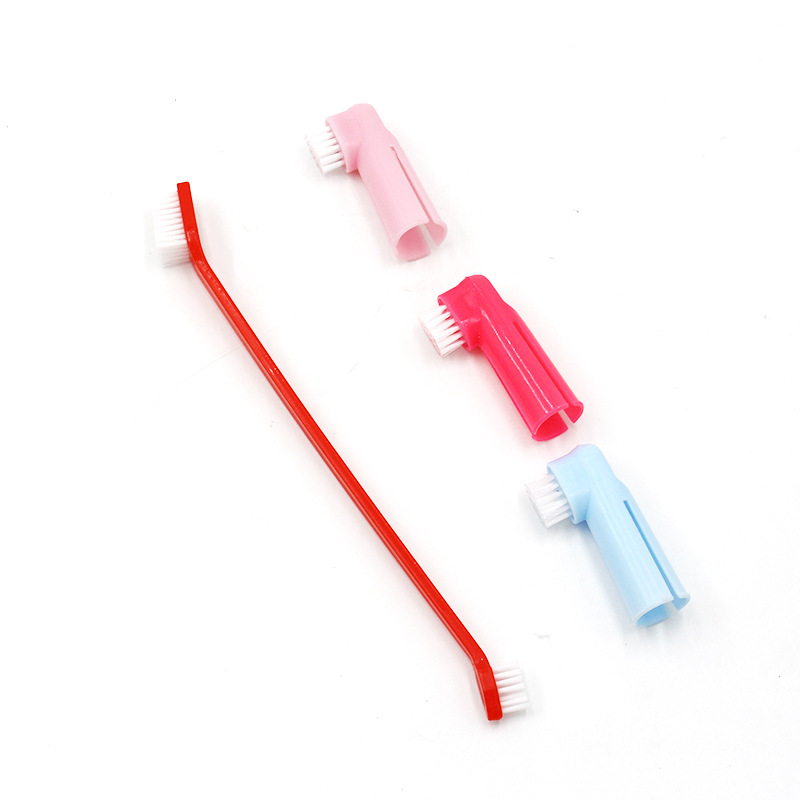 Pet limpieza dientes de doble cabeza dedo manga cepillo de dientes traje perro gato cepillado cuidado herramienta suministros en stock