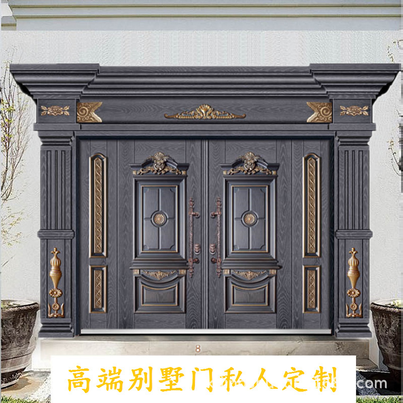 Best-Selling European-Style House Door Four-Open Mother-In-Law Anti-Theft Door Elegant Gray Gold Carved Oak Door Four-Open Entry Security Door