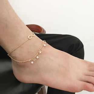 JL05 European and American Foreign trade jewelry personalized tassel double-layer star Pearl 8-word anklet anklet cross-border supply factory