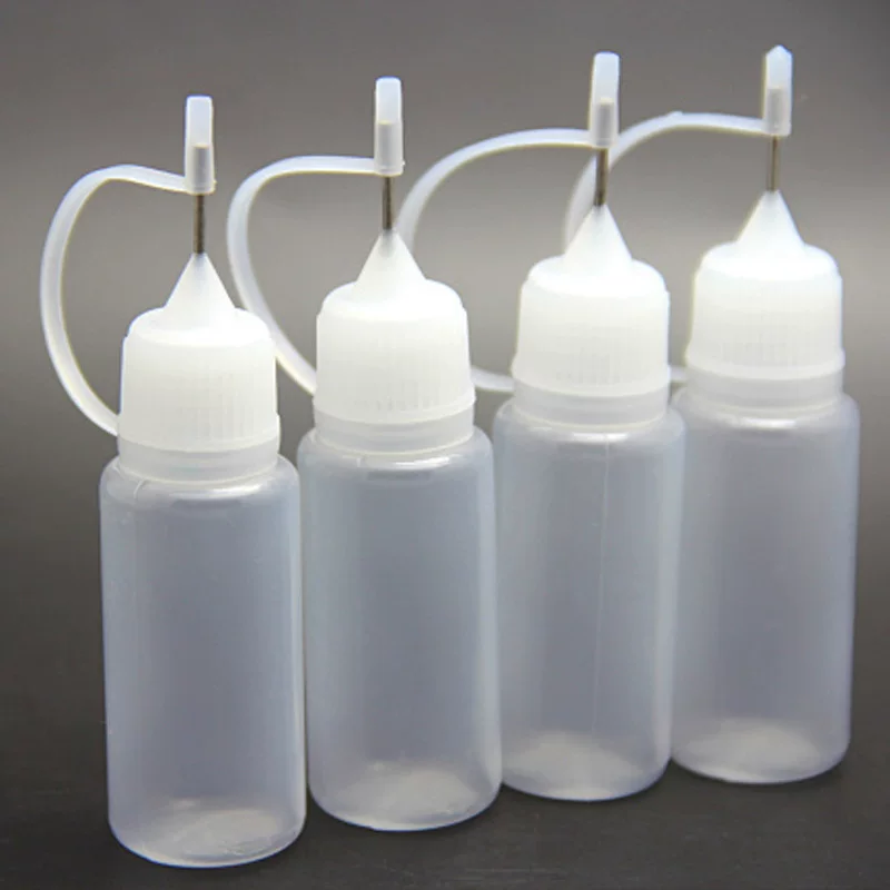 Bottle 5 ml & 10 ml, squeezable PE body with stainless steel pin tip and PP cap