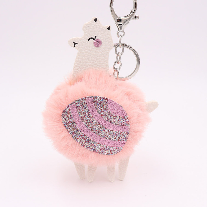 New Alpaca Fur Ball Keychain Pendant PU Leather Keychain Women Faux Fur Car Bag Key