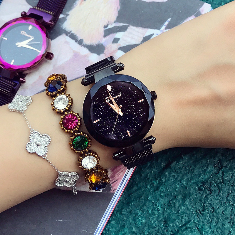 Dimini Timini Starry Sky Dial Waterproof Quartz Watch Rhinestone Scale Simple Mesh Belt Magnetic Buckle Watch