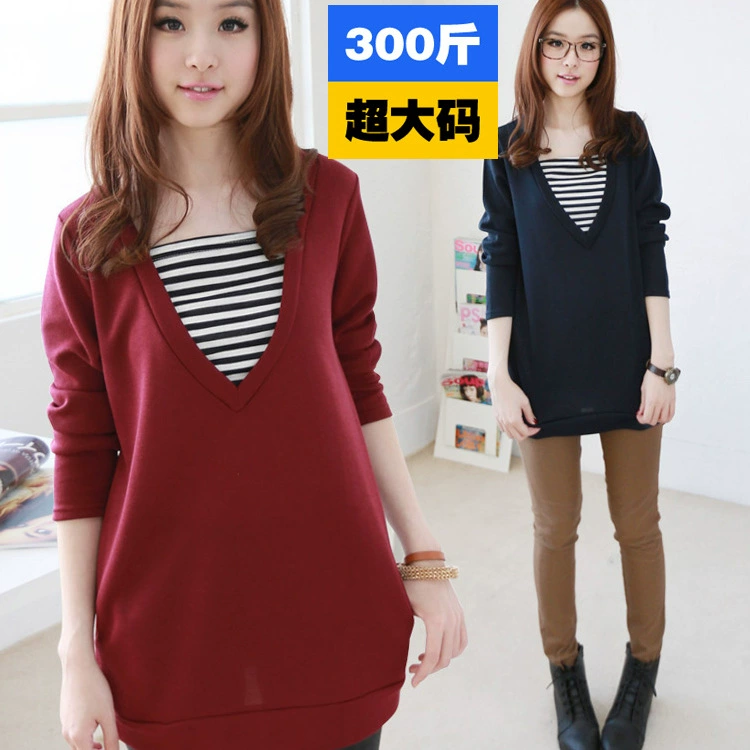 Поколение 300 кг больших размеров женская 270 бюст 150 длинная футболка 140 с длинным рукавом поддельные два 260 полненькая девушка