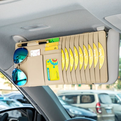 Leather car CD clip sun visor storage multi-functional car CD bag car Disc set car disc Universal (Multimediya və saxlama aksesuarları) - lengthened-five-in-one-beige