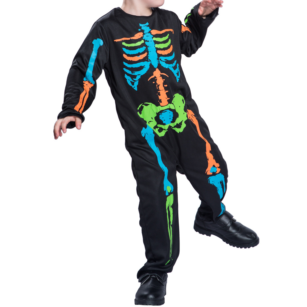 Traje de Halloween neutral niños colorido cráneo esqueleto mono tema Fiesta Campus Actividad juego traje