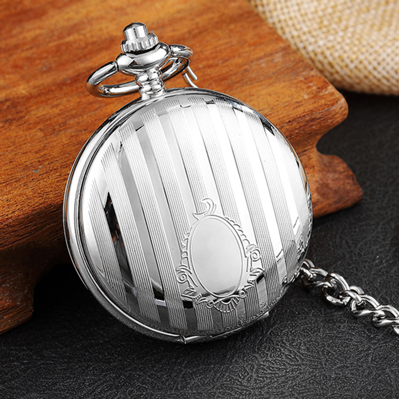 Silver Double-sided Striped Double-opening Flip Mechanical Pocket Watch Vintage Men's and Women's Gift Commemorative Mechanical Pocket Watch