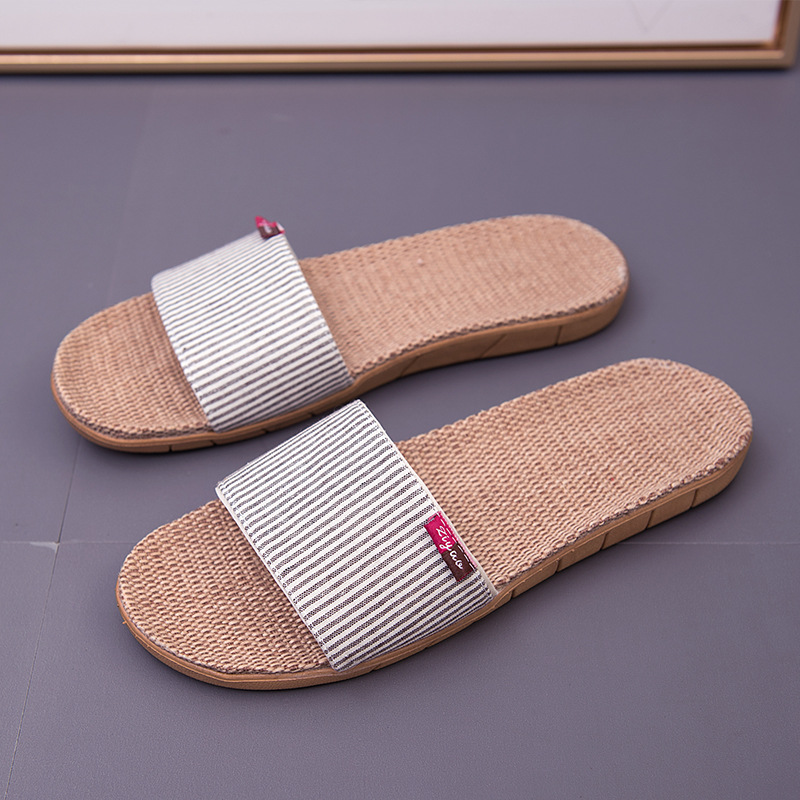 夏の室内の日本式のカップルのスリッパの蝶結びの亜麻のスリッパの滑り止めの縞の亜麻のスリッパの女性