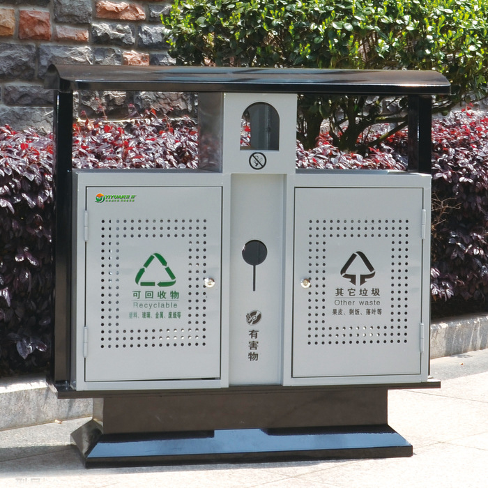宜源新款户外钢木垃圾桶公园学校候车厅街道分类双桶果皮箱回收箱