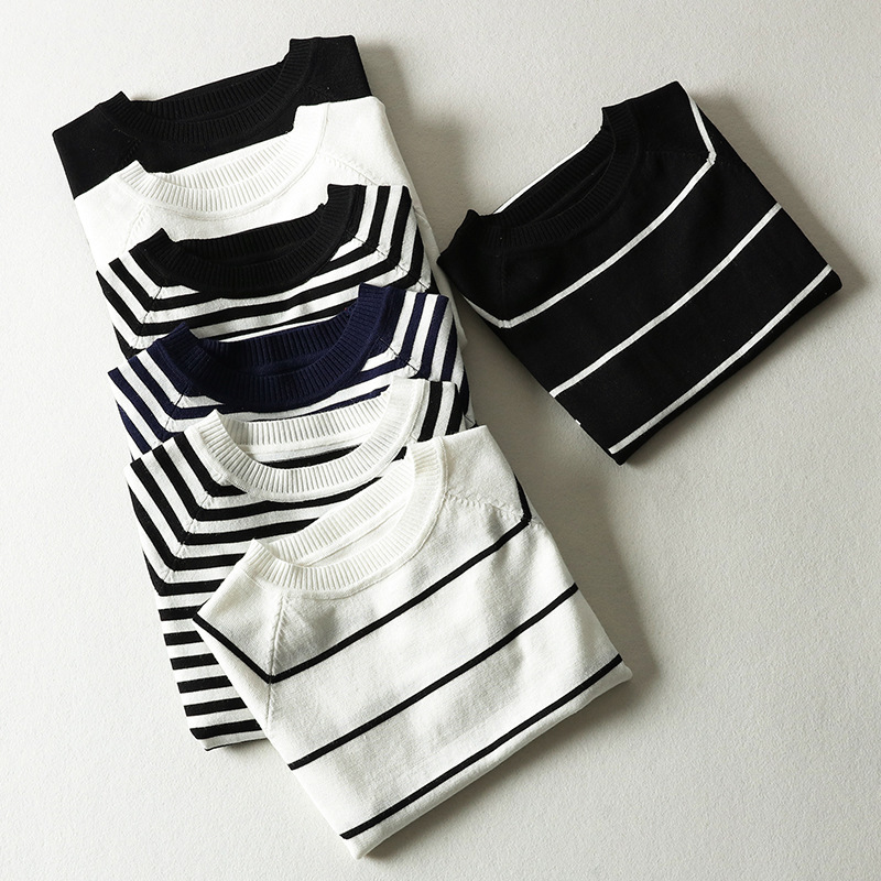 Wholesale Korean striped slim-fit short-sleeved sweater sweater thin T-shirt student pullover base shirt top women Wholesale Korean striped slim-fit short-sleeved sweater sweater thin T-shirt student pullover base shirt top women