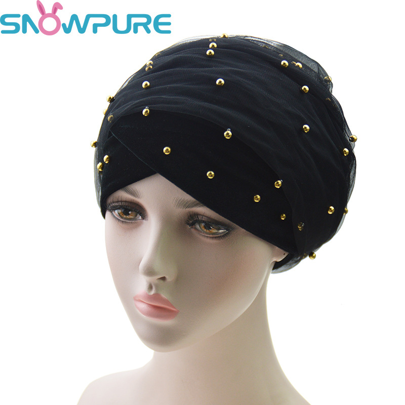 New velvet pearl mesh turban hat