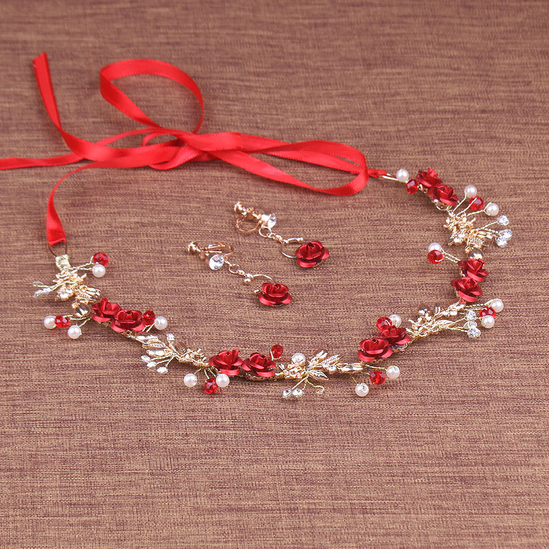 Vestido rojo nupcial tocado Rosa aleación banda de pelo pendientes de joyería de la boda accesorios para el cabello de dos piezas accesorios hechos a mano