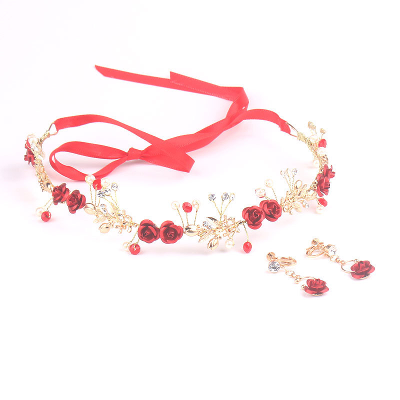 Vestido rojo nupcial tocado Rosa aleación banda de pelo pendientes de joyería de la boda accesorios para el cabello de dos piezas accesorios hechos a mano