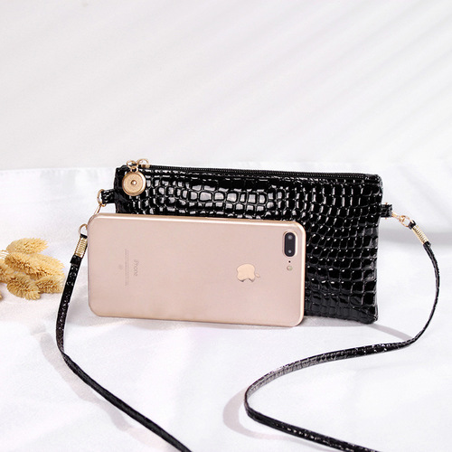 New crocodile pattern small square bag for women, Korean coin purse hand-held single-shoulder crossbody bag, lacquered leather key and phone slim wallet