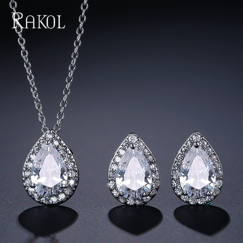 RAKOL moda europea y americana clásico popular gota de agua collar pendientes conjunto de dos piezas con incrustaciones de circón AAA traje de joyería