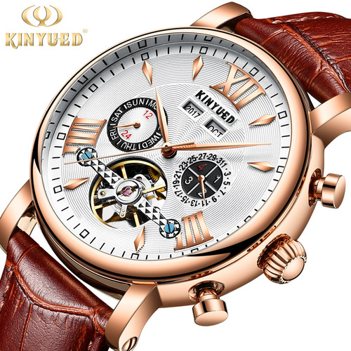 KINYUED fully automatic mechanical watch hollow men's watch mechanical watch fashion leather waterproof men's watch