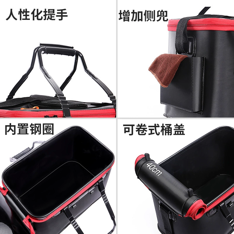 Foldable EVA Live Fish Bucket, Thickened Multipurpose Livewell, 30–50 cm Sizes, Side Bag Option