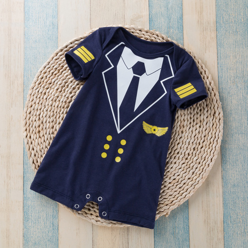 Baby's summer short-sleeve loose crawling onesie with hat, for boys, faux two-piece pilot uniform, wholesale