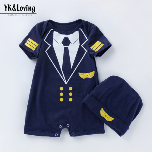 Baby's summer short-sleeve loose crawling onesie with hat, for boys, faux two-piece pilot uniform, wholesale