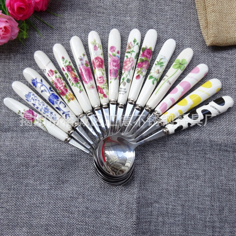 Creative rose ceramic handle tableware spoon Fork Korean flower stainless steel long handle western food spoon Fork Factory wholesale