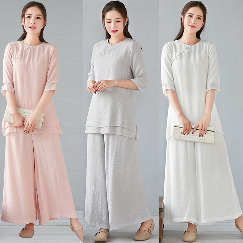 2023 여름 새로운 느슨한 단색 면 및 린넨 요가 의류 세트 여성용 세븐 슬리브 탑 + 와이드 레그 팬츠 투피스 세트