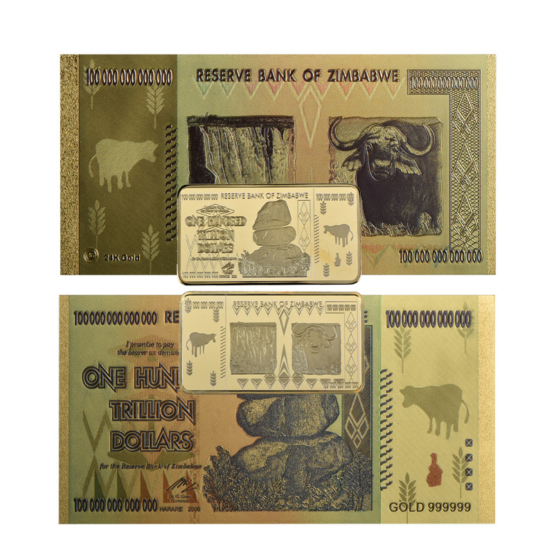 厂家直供津巴布韦币100万亿镀金方形纪念收藏币金属工艺品外贸