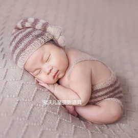 宝沃儿童摄影道具打结帽子加背带裤新生婴儿宝宝影楼照相摄影道具