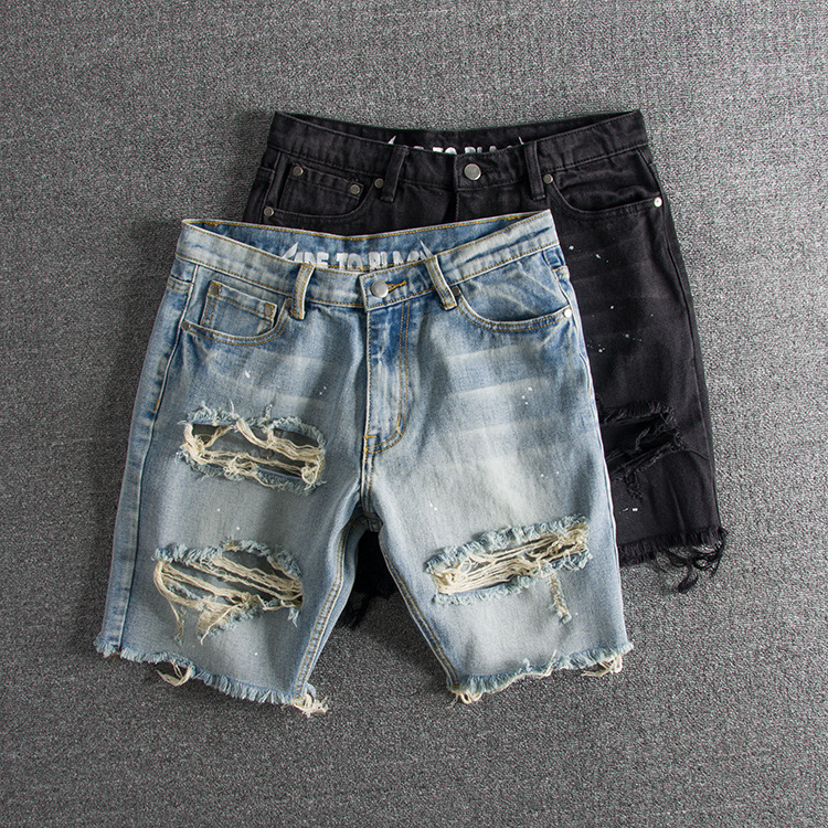 Washed Old Splash Ink Big Hole Youth Fashionable Foreign trade original order Men's Denim Shorts
