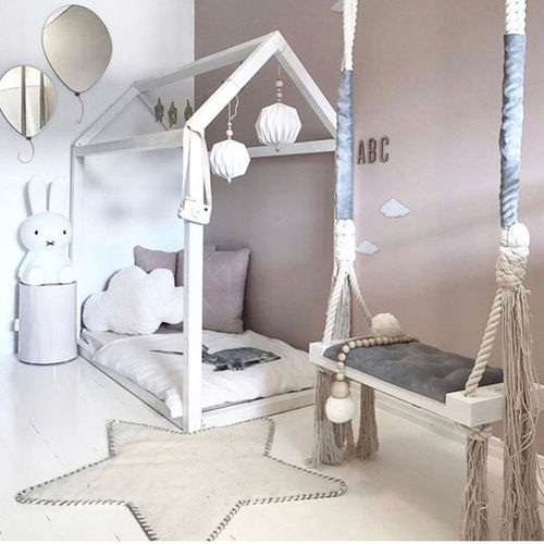 INS style children's swing hanging chair children's room decoration baby entertainment swing solid wood board sponge pad cotton rope swing