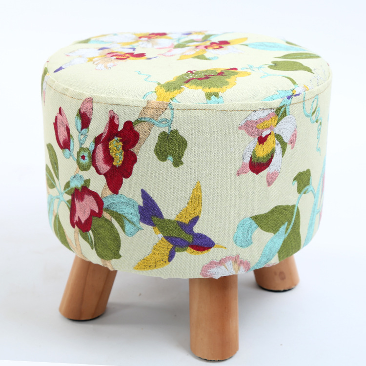 Taburete pequeño de tela al por mayor, hogar de moda, sala de estar para adultos, taburete redondo pequeño, taburete de sofá, taburete bajo de madera, taburete creativo para cambiar zapatos