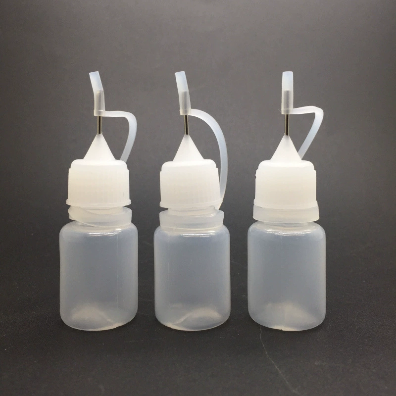 Bottle 5 ml & 10 ml, squeezable PE body with stainless steel pin tip and PP cap