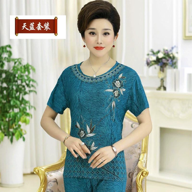 Summer set for elderly, silk trousers, for middle age, plus size