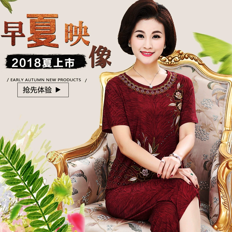 Summer set for elderly, silk trousers, for middle age, plus size
