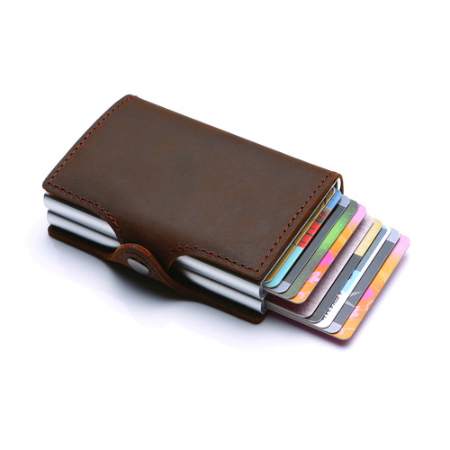 Factory distribution wholesale European and American RFID dual-box aluminum alloy elastic card holder, leather metal wallet