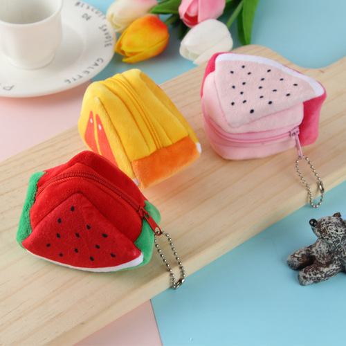 Creative plush three-dimensional triangle fruit coin purse watermelon orange coin bag key bag bag pendant gift