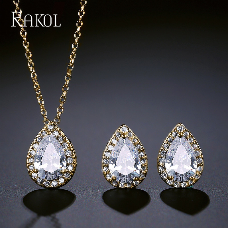RAKOL moda europea y americana clásico popular gota de agua collar pendientes conjunto de dos piezas con incrustaciones de circón AAA traje de joyería