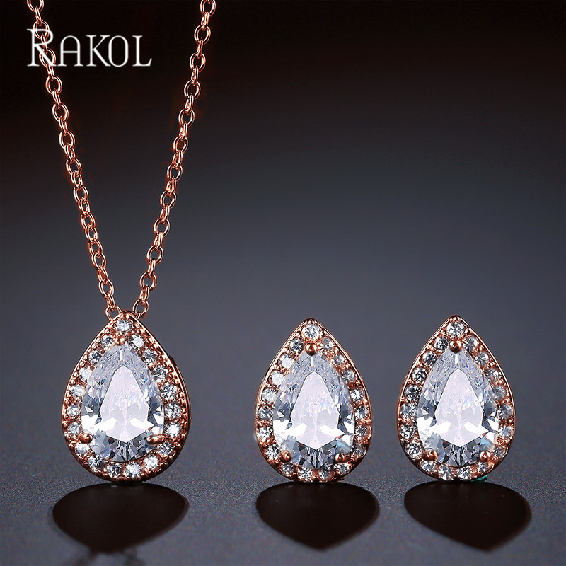 RAKOL moda europea y americana clásico popular gota de agua collar pendientes conjunto de dos piezas con incrustaciones de circón AAA traje de joyería
